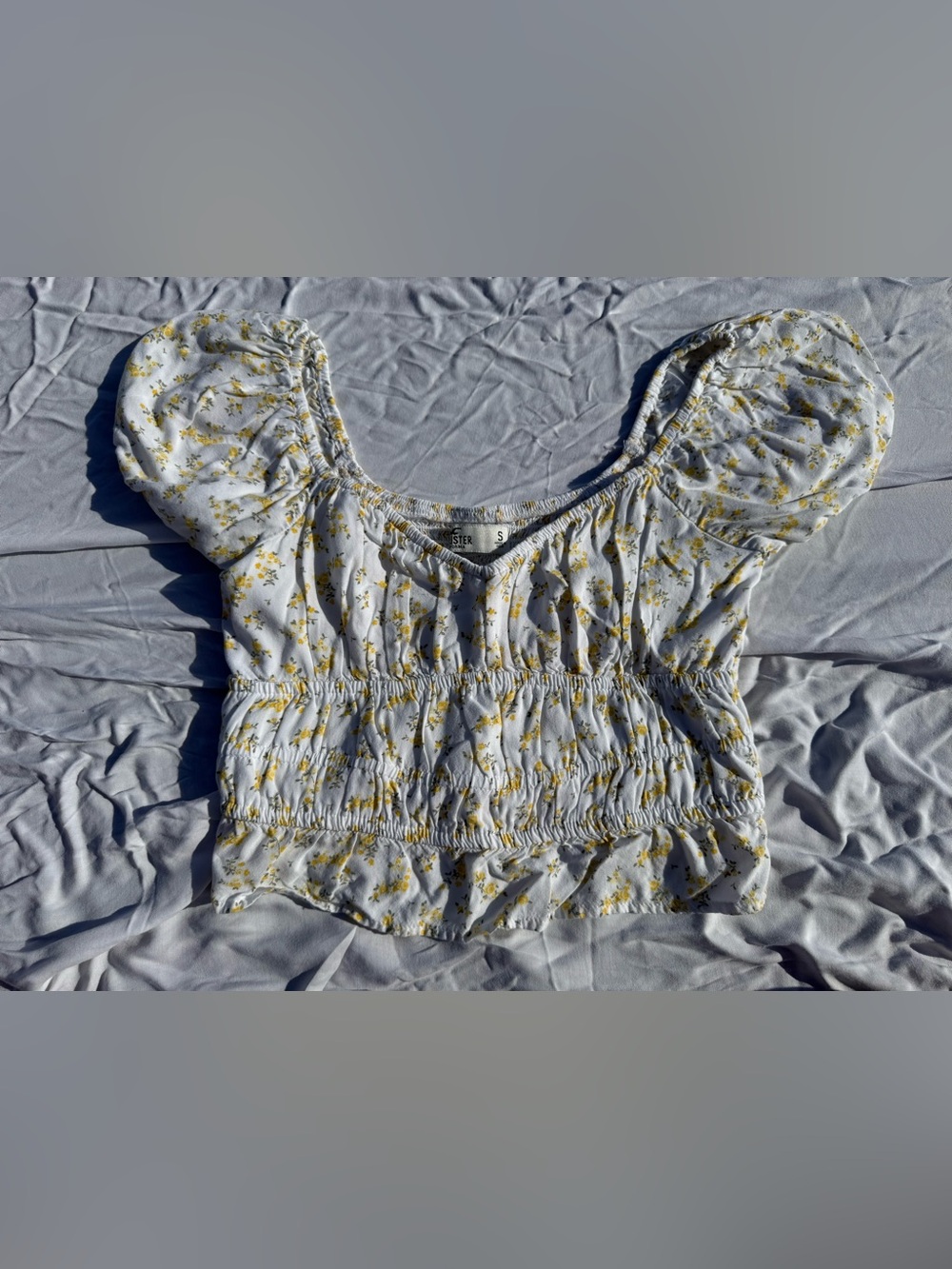 Hollister Yellow and White Floral Puff-Sleeve Smocked Crop Top